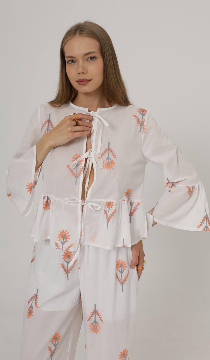 Fiyonk Bağlamalı Brode Bluz - Beyaz STD rt20099