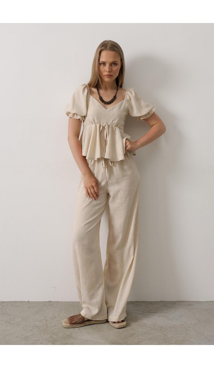 Fiyonklu Yarım Balon Kollu Takım - Bej STD