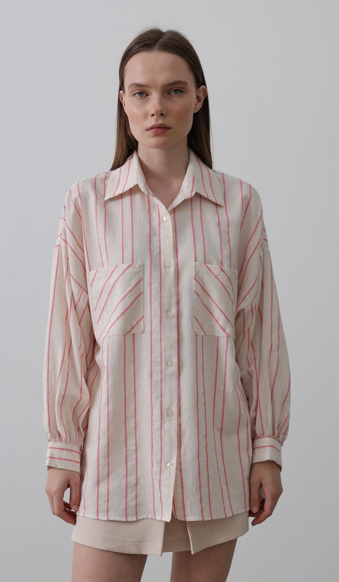 Çizgili Çift Cep Gömlek - Bej Pembe STD