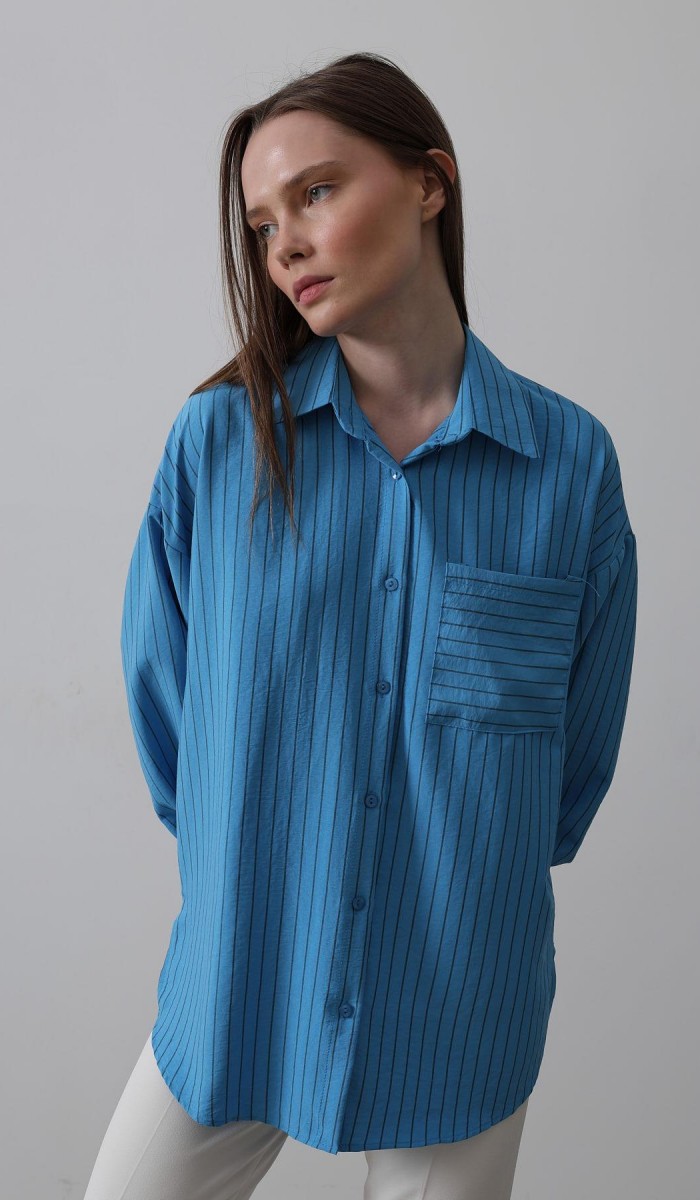 Çizgili Tek Cep Gömlek - Mavi STD Çizgili Tek Cep Gömlek - Mavi STD