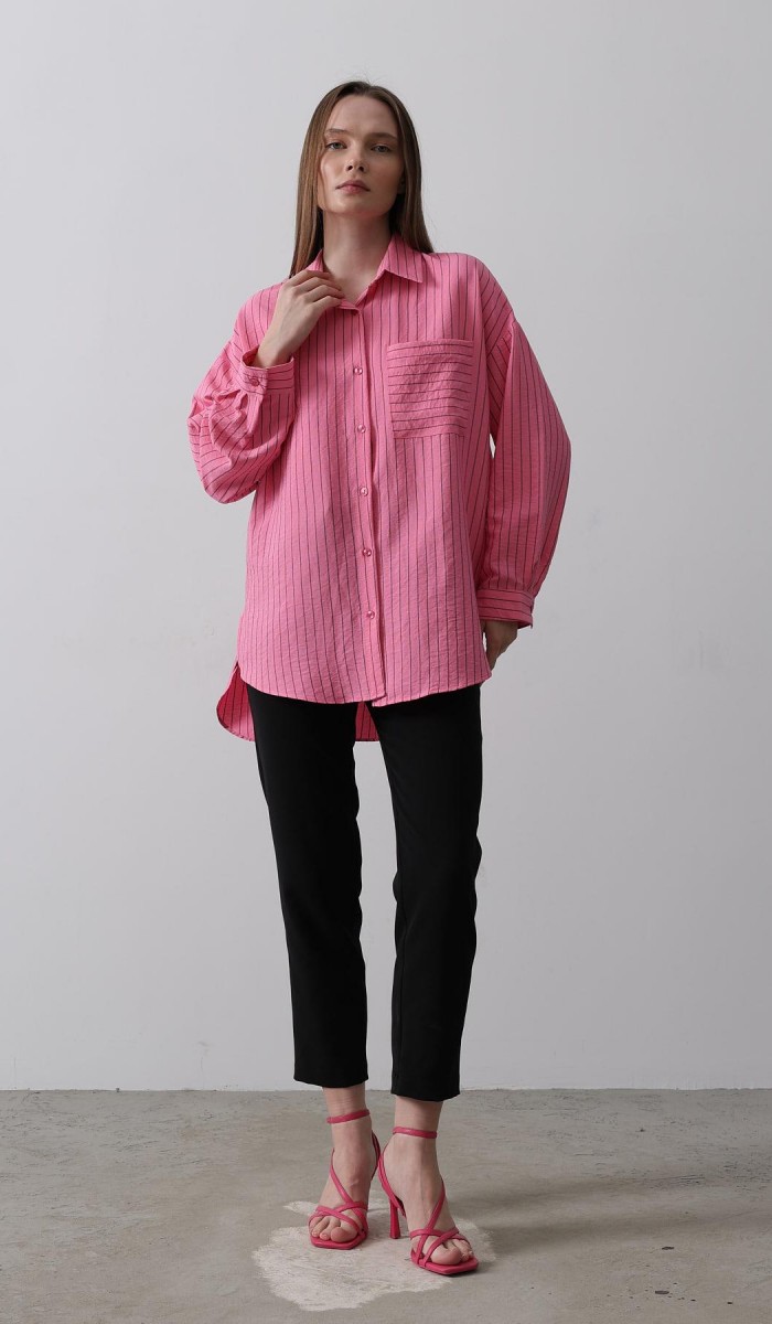 Çizgili Tek Cep Gömlek - Pembe STD Çizgili Tek Cep Gömlek - Pembe STD