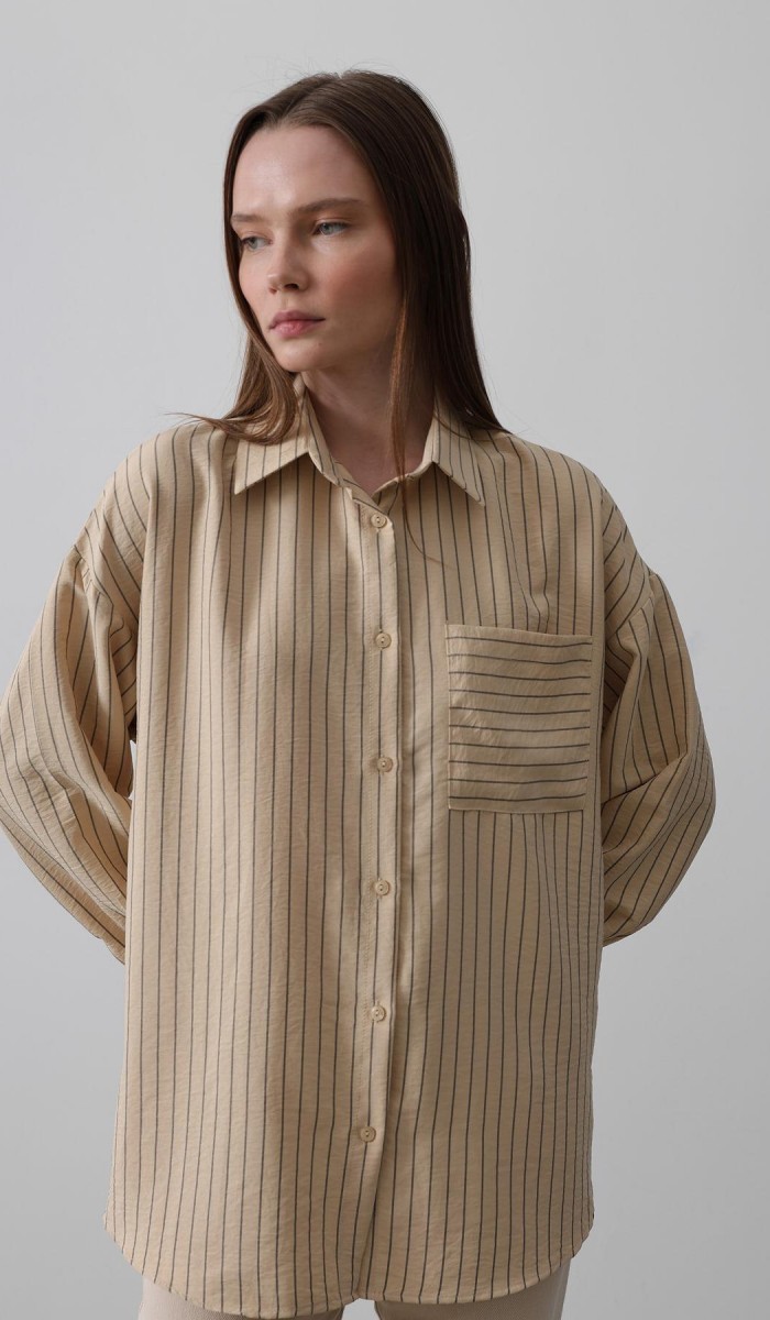 Çizgili Tek Cep Gömlek - Taş STD rt20222