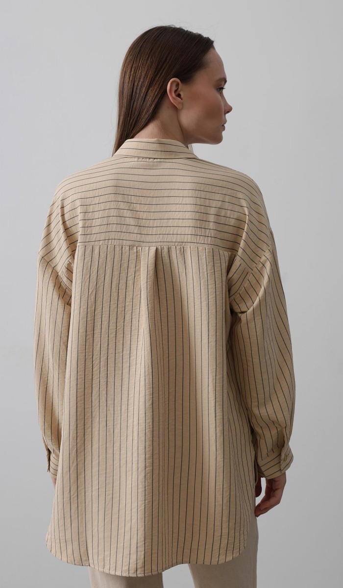 Çizgili Tek Cep Gömlek - Taş STD rt20222