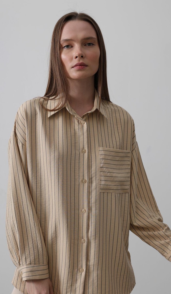 Çizgili Tek Cep Gömlek - Taş STD rt20222