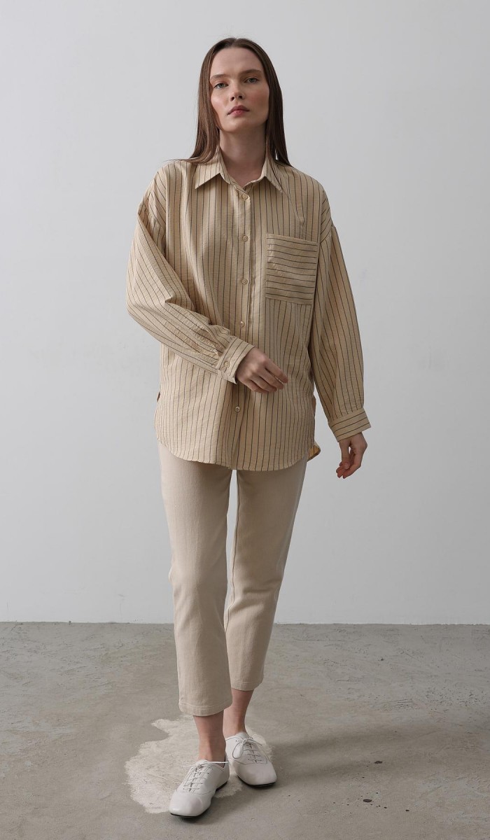 Çizgili Tek Cep Gömlek - Taş STD rt20222