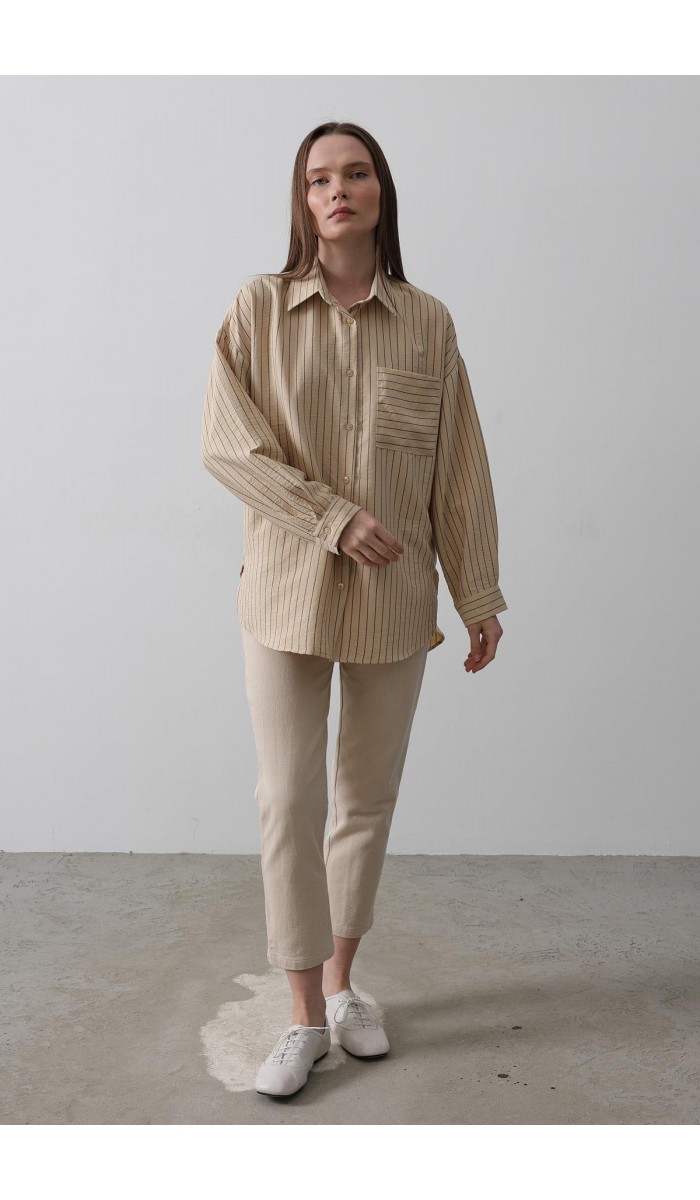 Çizgili Tek Cep Gömlek - Taş STD Çizgili Tek Cep Gömlek - Taş STD