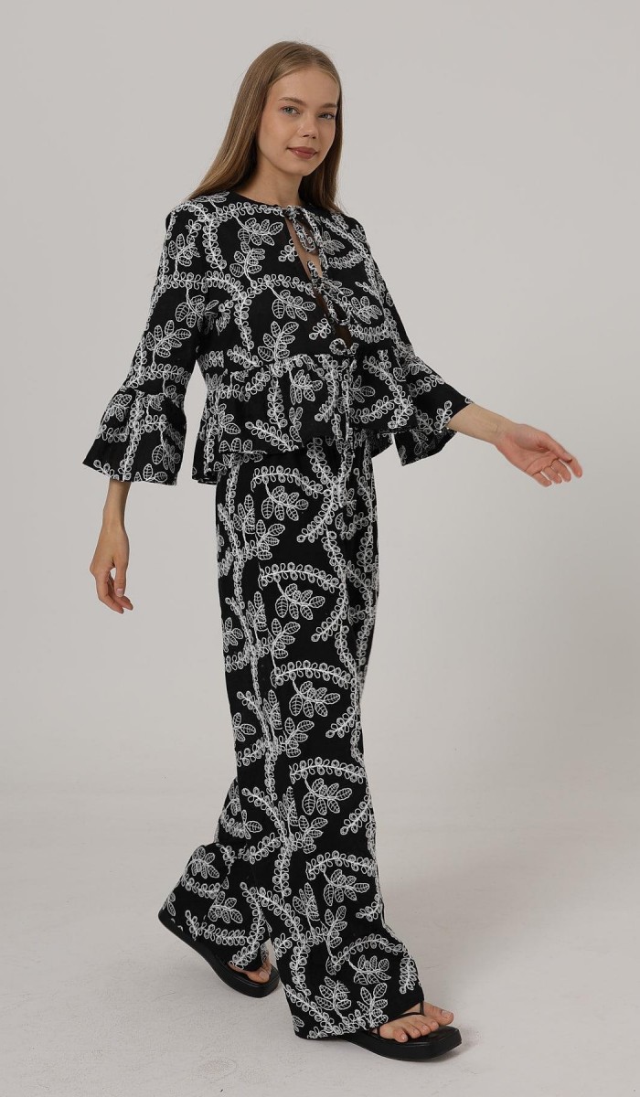 İşlemeli Oversize Pantolon - Siyah STD