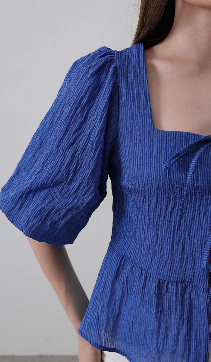 Kare Yaka Balon Kol Bluz - Mavi STD rt19935