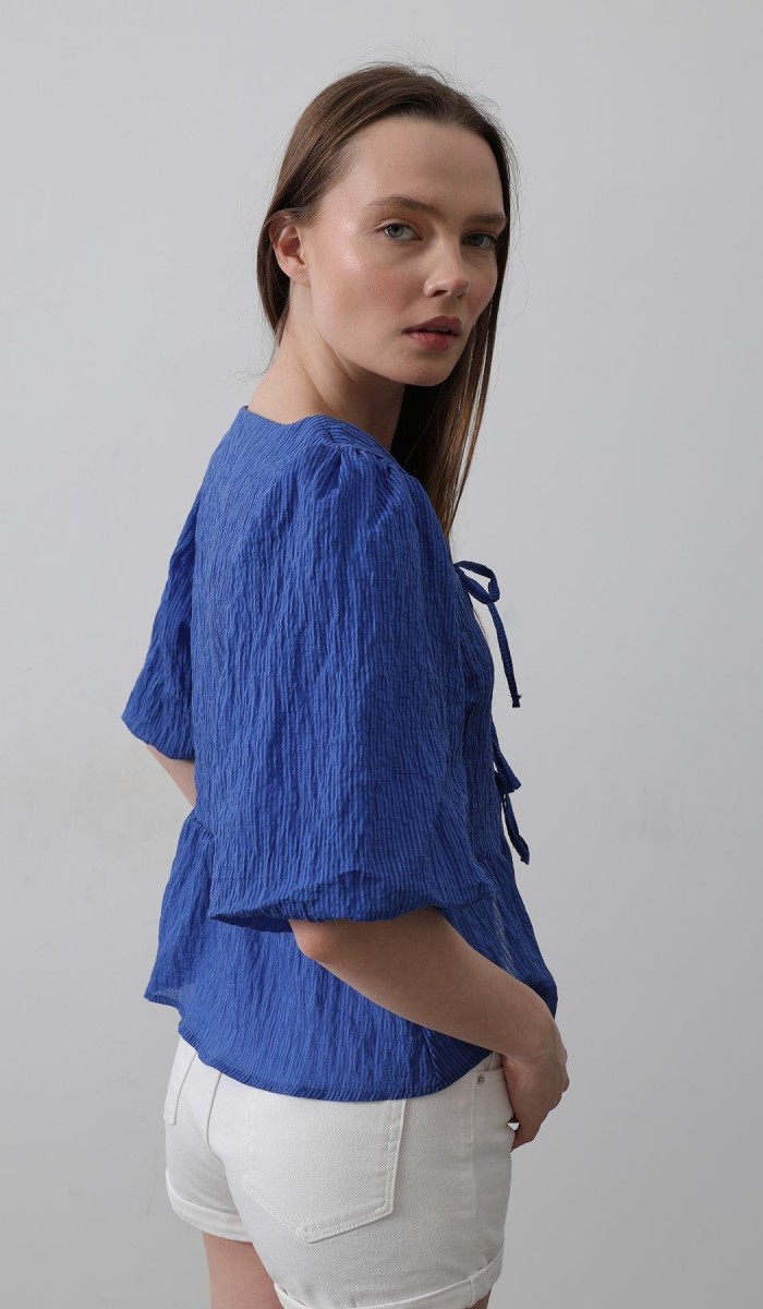 Kare Yaka Balon Kol Bluz - Mavi STD rt19935