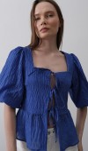 Kare Yaka Balon Kol Bluz - Mavi STD rt19935