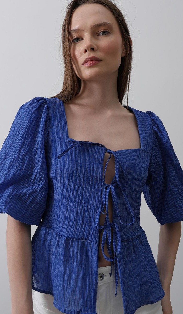 Kare Yaka Balon Kol Bluz - Mavi STD rt19935