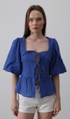 Kare Yaka Balon Kol Bluz - Mavi STD rt19935