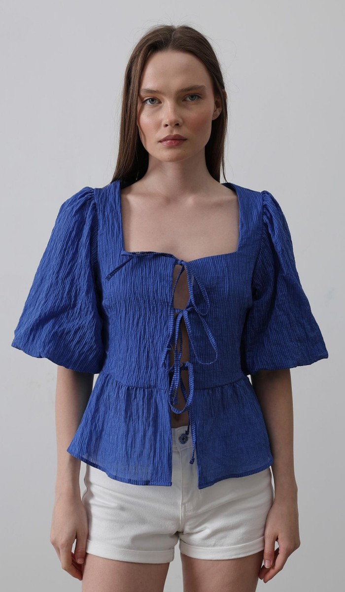 Kare Yaka Balon Kol Bluz - Mavi STD rt19935