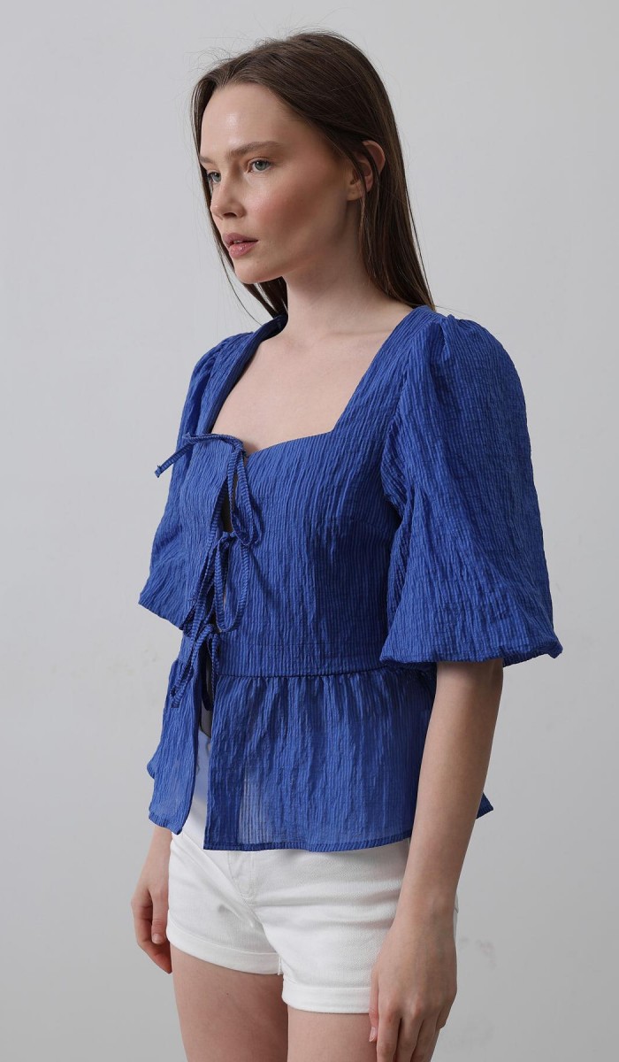 Kare Yaka Balon Kol Bluz - Mavi STD rt19935