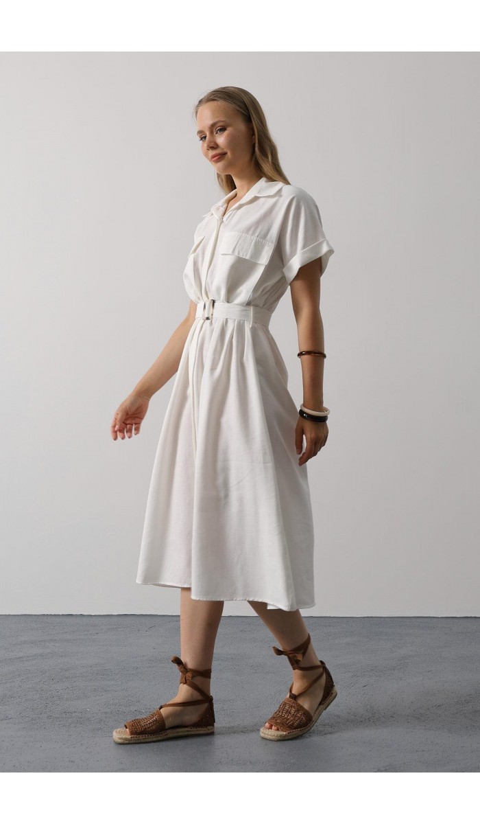 Kuşaklı Cep Detaylı Yarım Kol Elbise - Beyaz STD
