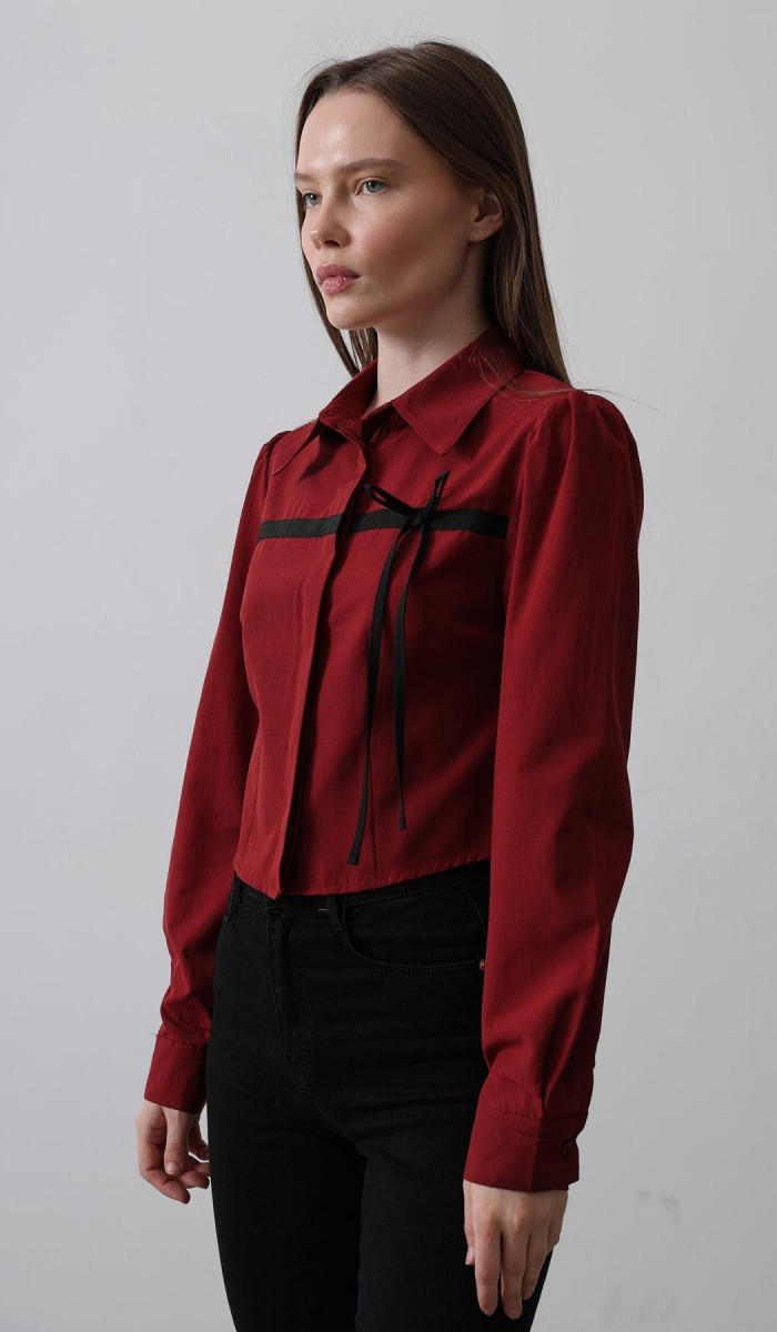 Önü Kontrast Fiyonklu Gömlek - Bordo STD