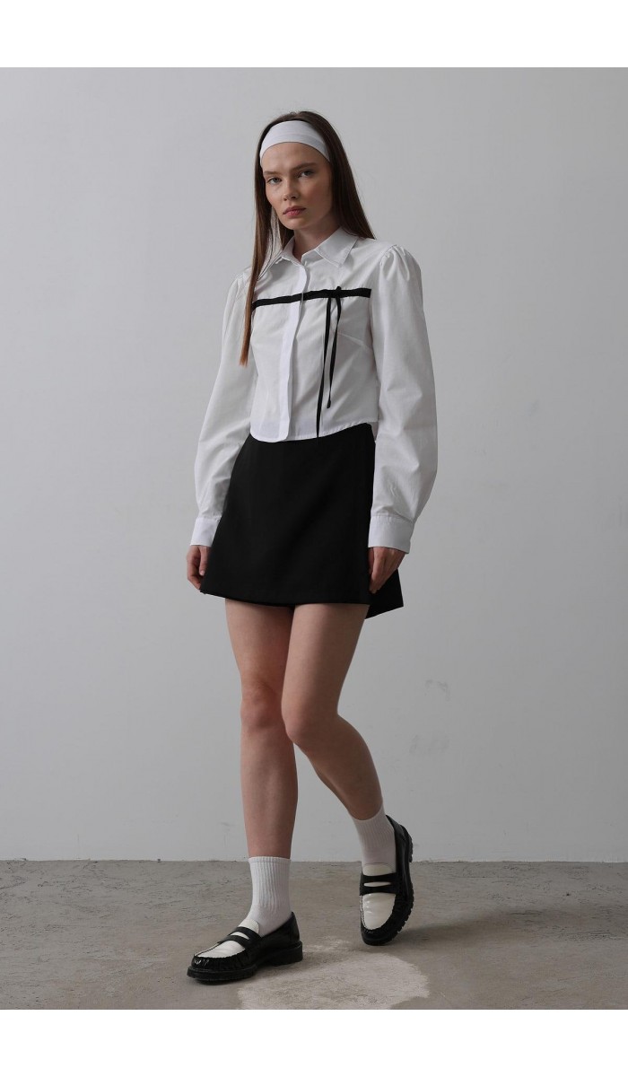 Önü Kontrast Fiyonklu Gömlek - Beyaz STD