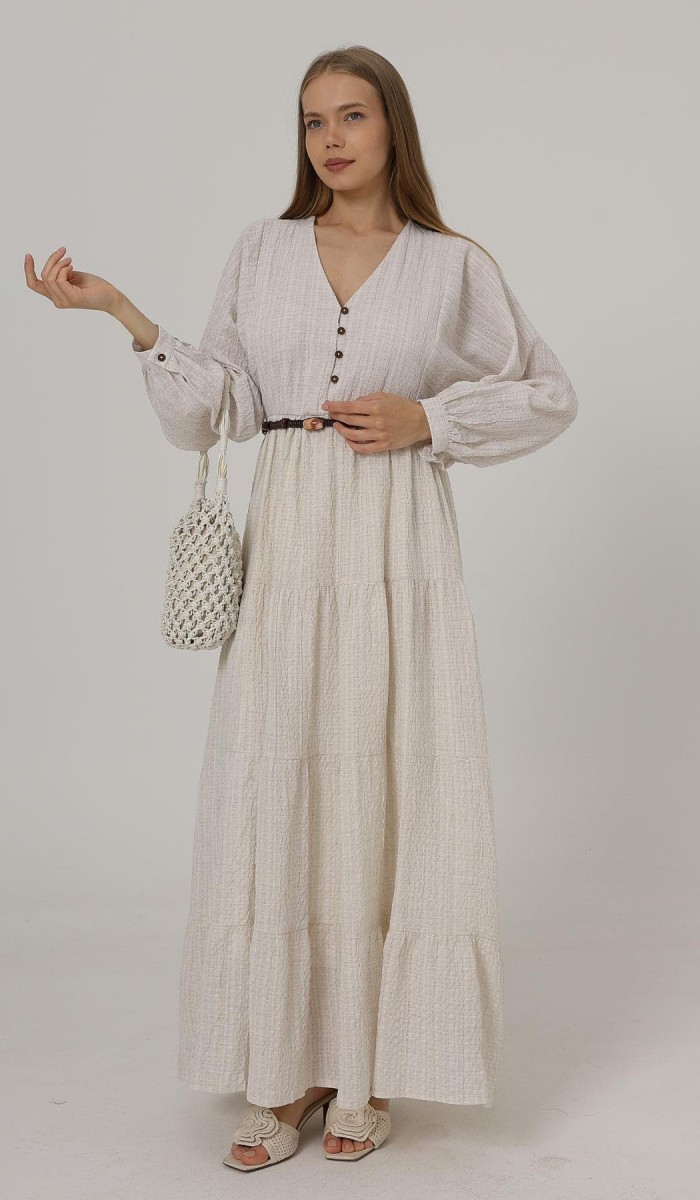 Önü Yarım Düğmeli Uzun Kol Kemerli Elbise - Natür STD