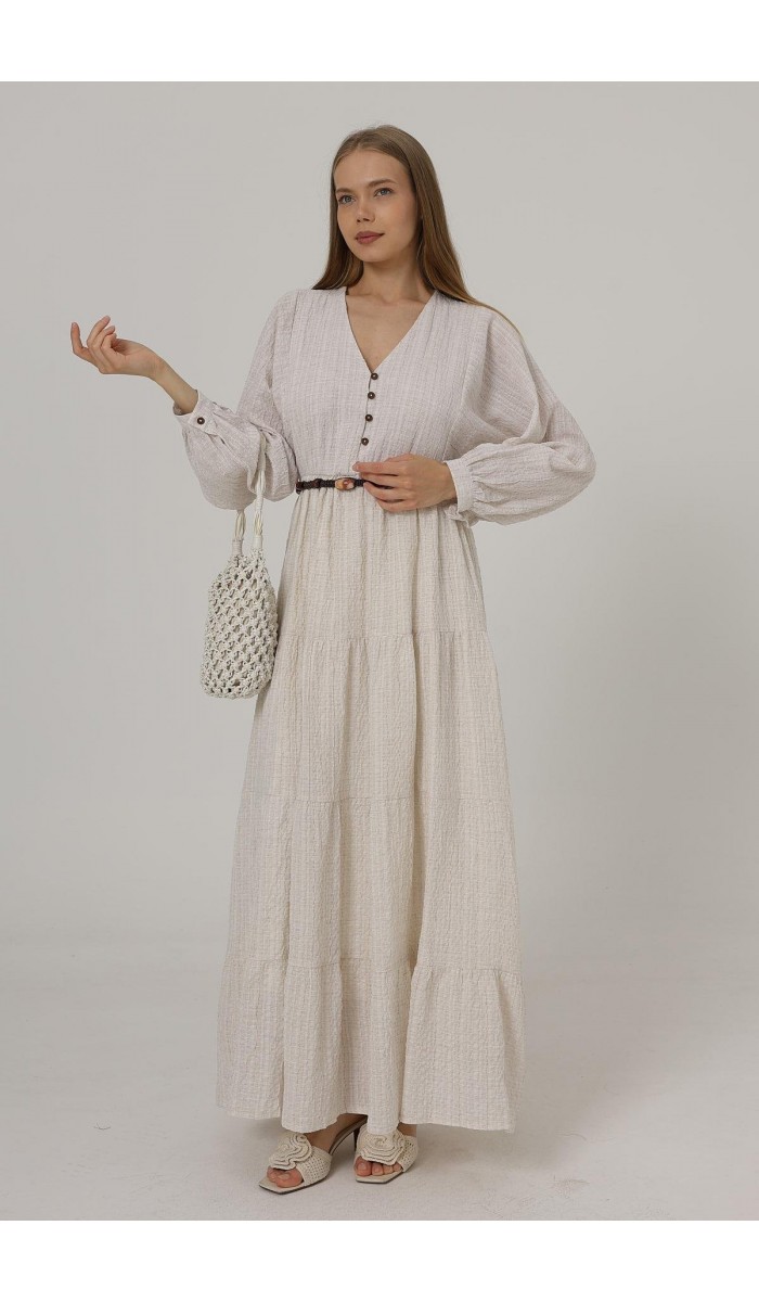 Önü Yarım Düğmeli Uzun Kol Kemerli Elbise - Natür STD