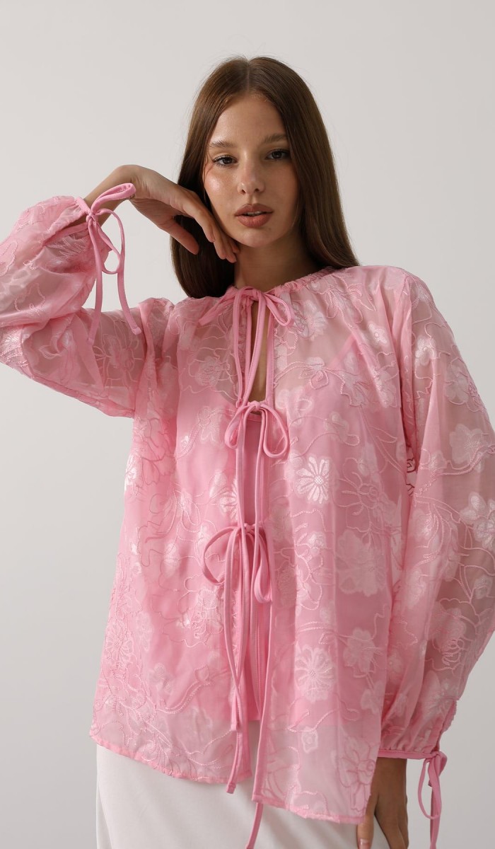 Şifon Desenli Bağlamalı Bluz - Pembe STD Şifon Desenli Bağlamalı Bluz - Pembe STD