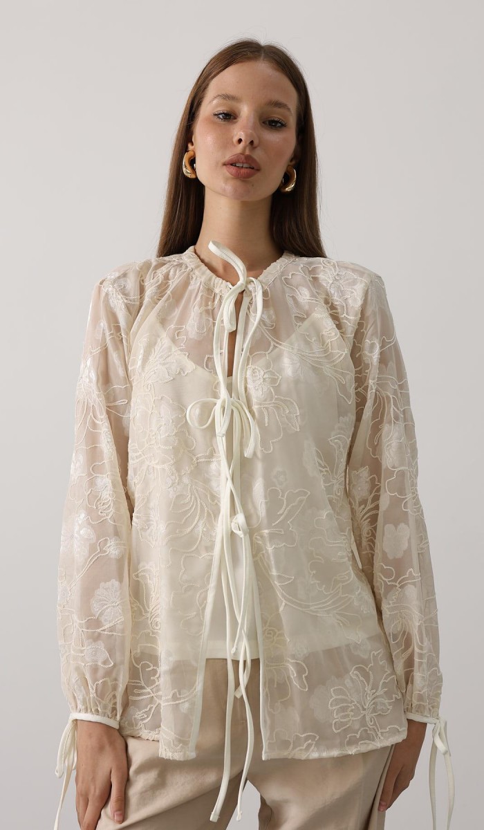 Şifon Desenli Bağlamalı Bluz - Taş STD Şifon Desenli Bağlamalı Bluz - Taş STD