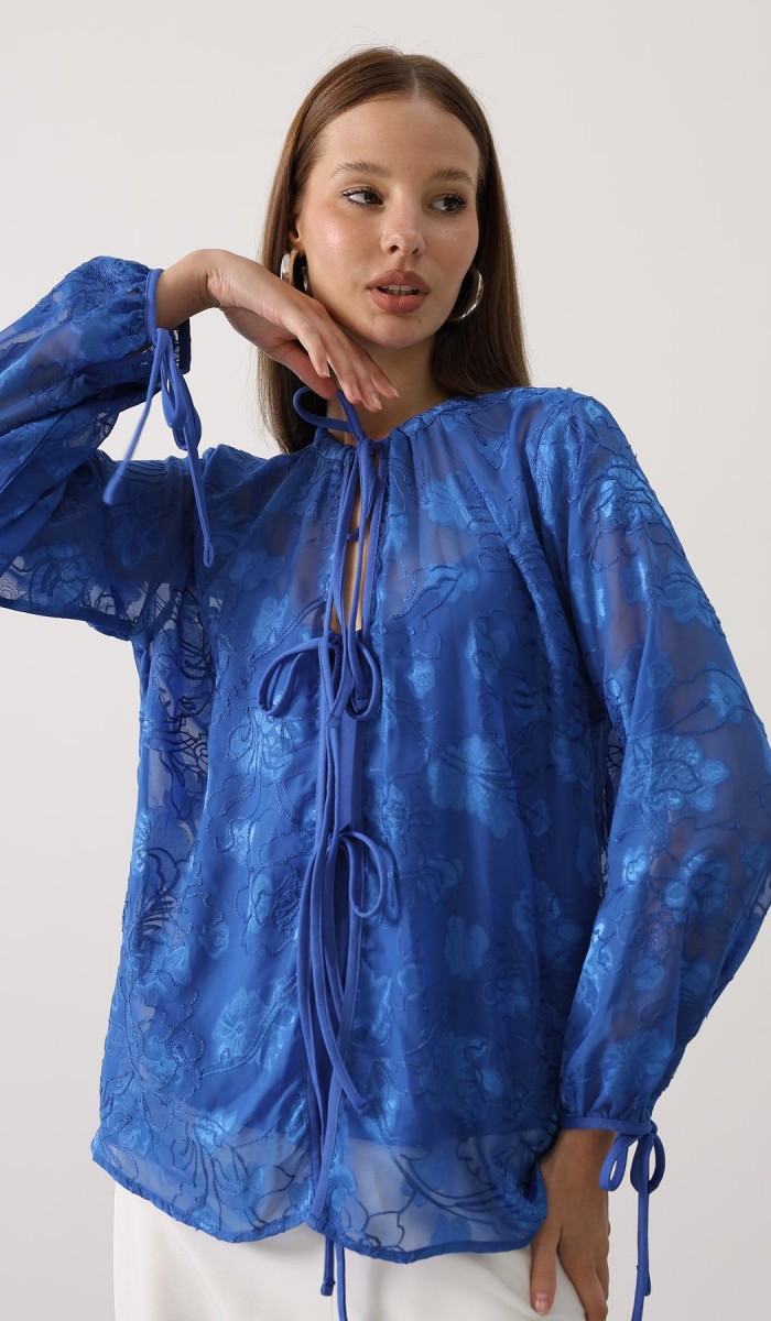 Şifon Desenli Bağlamalı Bluz - Saks STD Şifon Desenli Bağlamalı Bluz - Saks STD