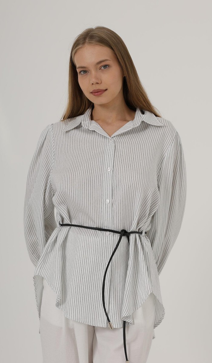 Simli Çizgili Kemerli Gömlek - Beyaz STD rt20232