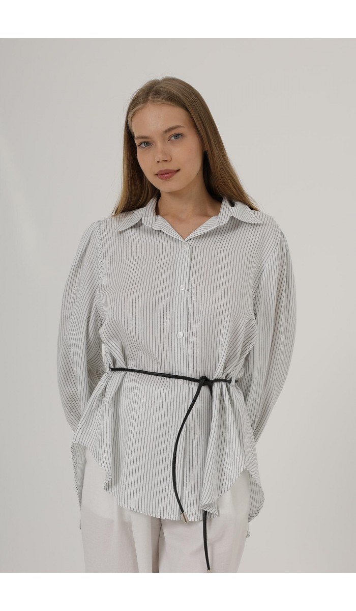 Simli Çizgili Kemerli Gömlek - Beyaz STD Simli Çizgili Kemerli Gömlek - Beyaz STD