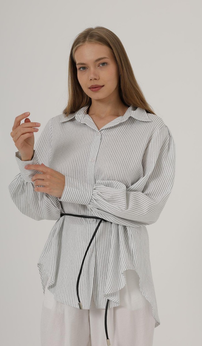 Simli Çizgili Kemerli Gömlek - Beyaz STD rt20232