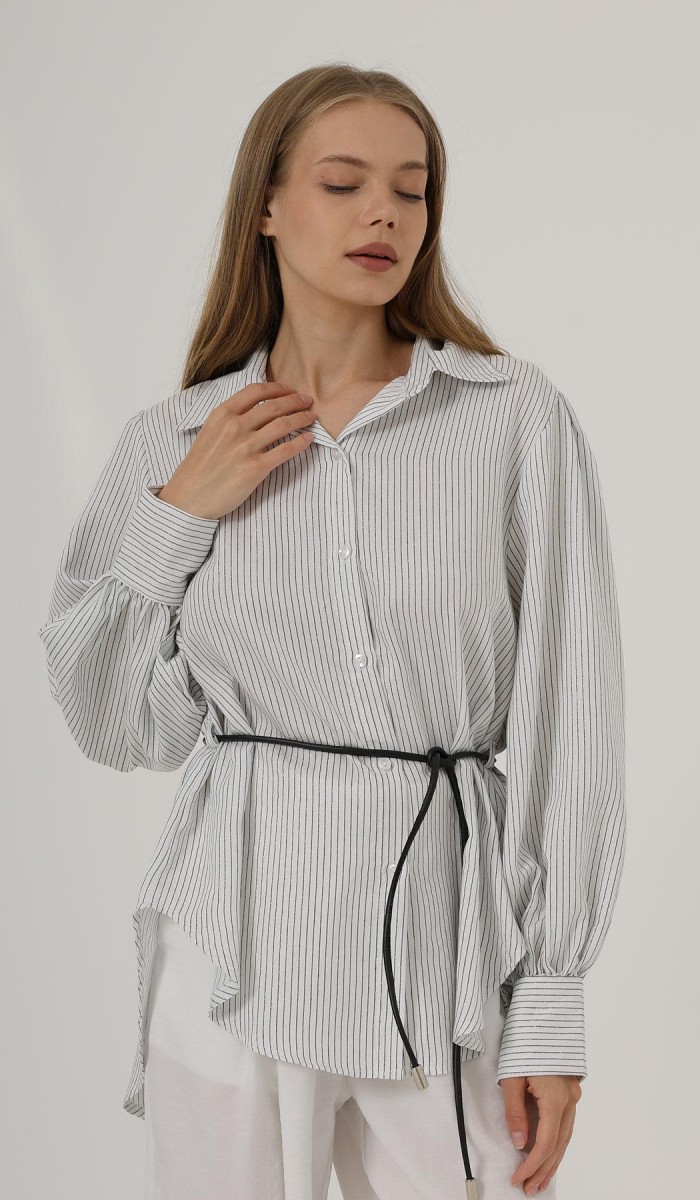 Simli Çizgili Kemerli Gömlek - Beyaz STD rt20232