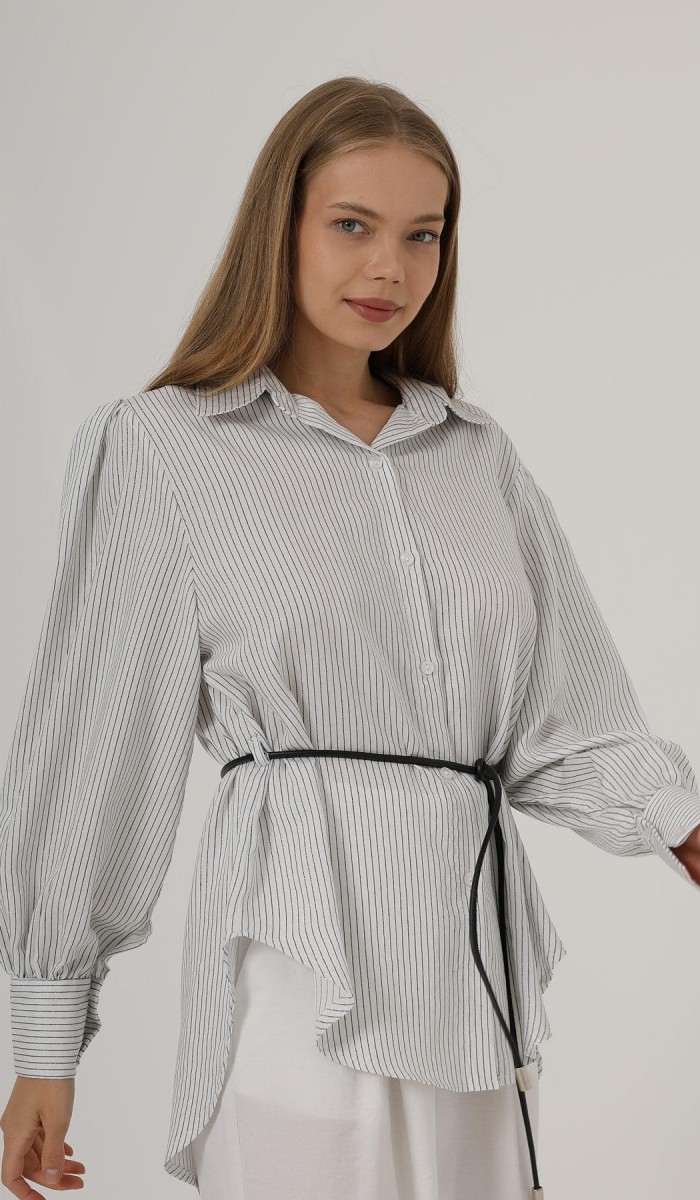 Simli Çizgili Kemerli Gömlek - Beyaz STD rt20232