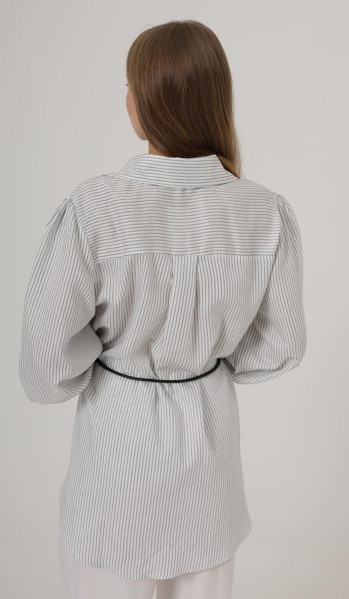 Simli Çizgili Kemerli Gömlek - Beyaz STD rt20232