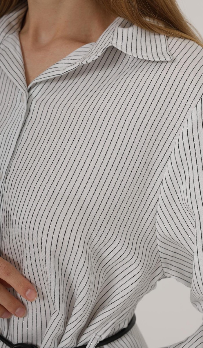 Simli Çizgili Kemerli Gömlek - Beyaz STD rt20232