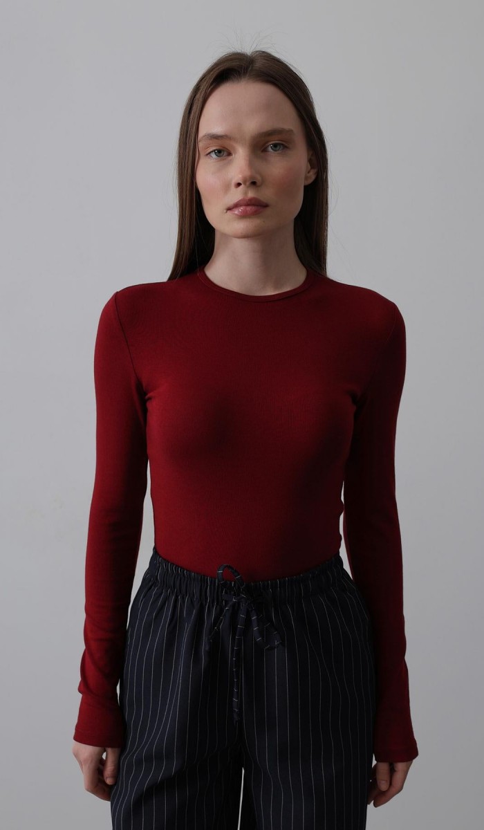 Uzun Kol Crop Top - Bordo STD