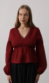 V Yaka Dantelli Bluz - Bordo STD rt20463