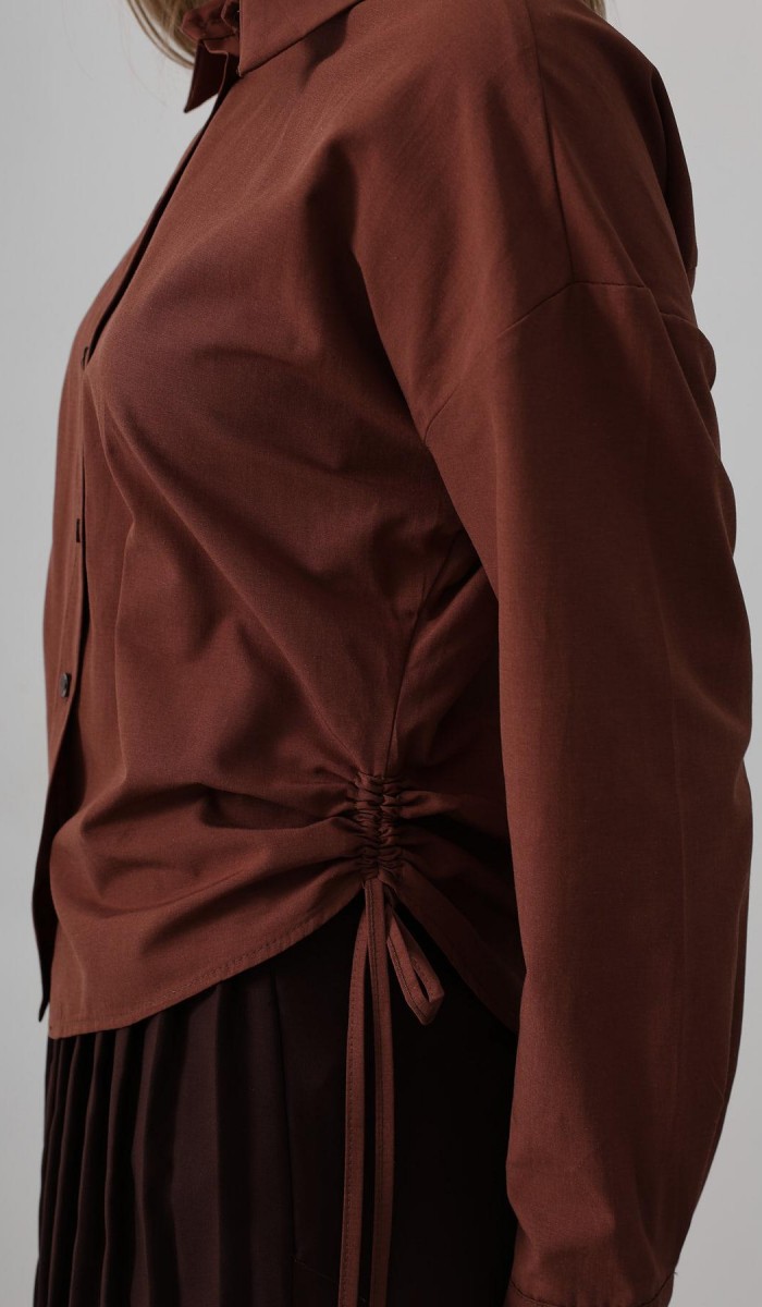 Yanları Bağlamalı Basic Gömlek - Koyu Kahve STD rt20137