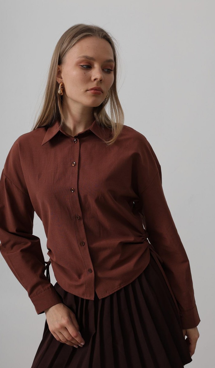 Yanları Bağlamalı Basic Gömlek - Koyu Kahve STD rt20137