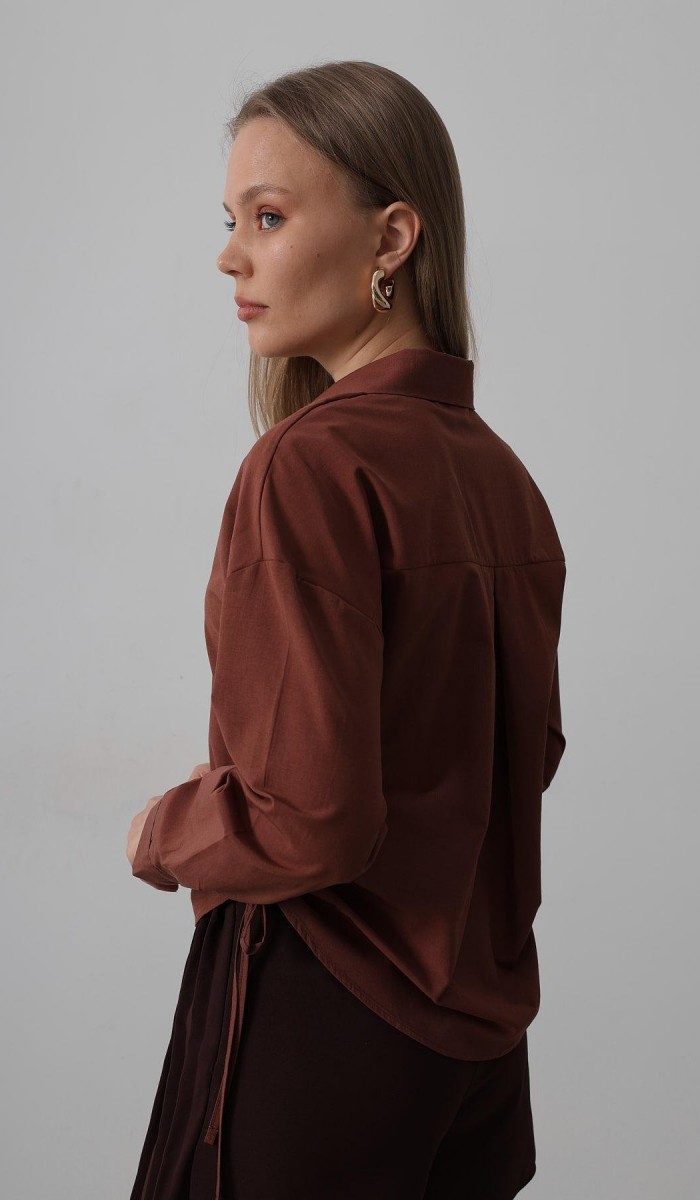 Yanları Bağlamalı Basic Gömlek - Koyu Kahve STD rt20137