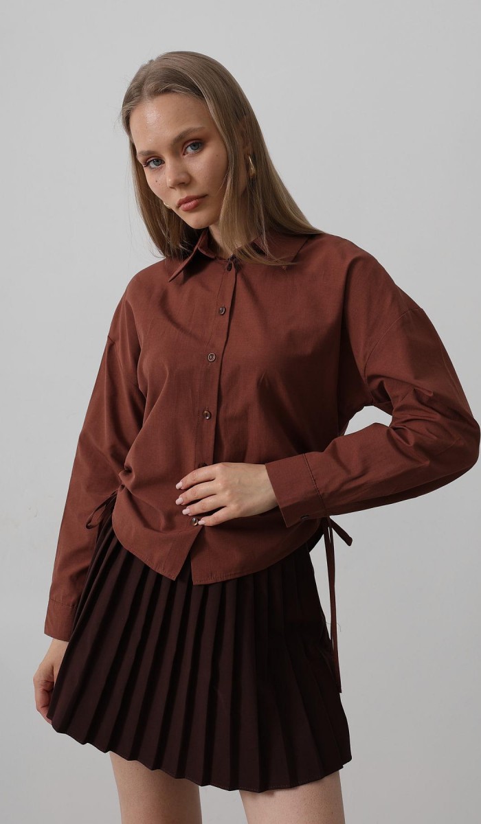 Yanları Bağlamalı Basic Gömlek - Koyu Kahve STD rt20137