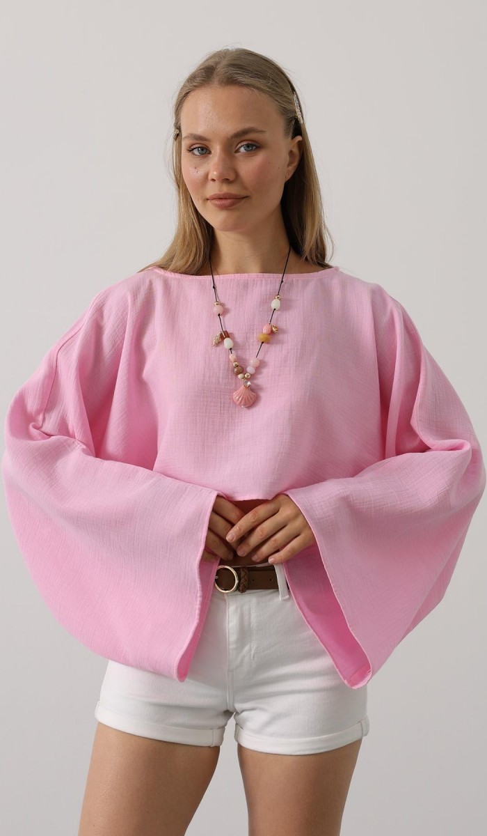 YARASA KOLLU CROP BLUZ - Pembe STD YARASA KOLLU CROP BLUZ - Pembe STD