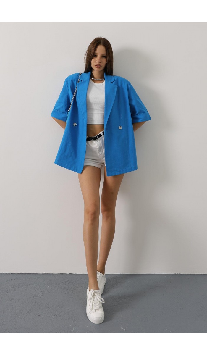 Yarım Kol Oversize Yırtmaçlı Ceket - Saks STD Yarım Kol Oversize Yırtmaçlı Ceket - Saks STD