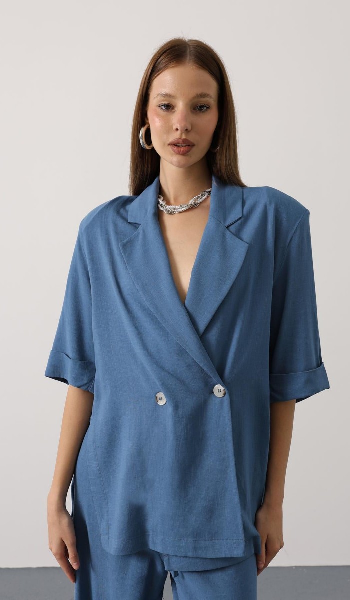 Yarım Kol Oversize Yırtmaçlı Ceket - İndigo STD