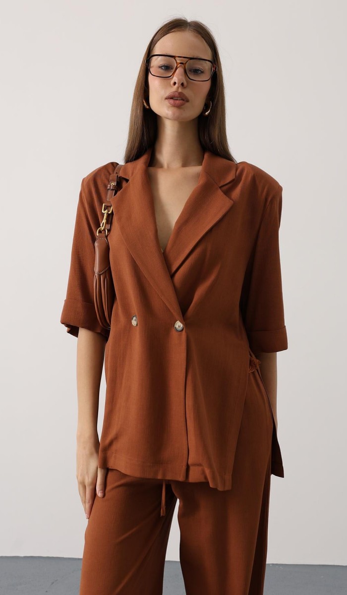 Yarım Kol Oversize Yırtmaçlı Ceket - Kahve STD rt20945