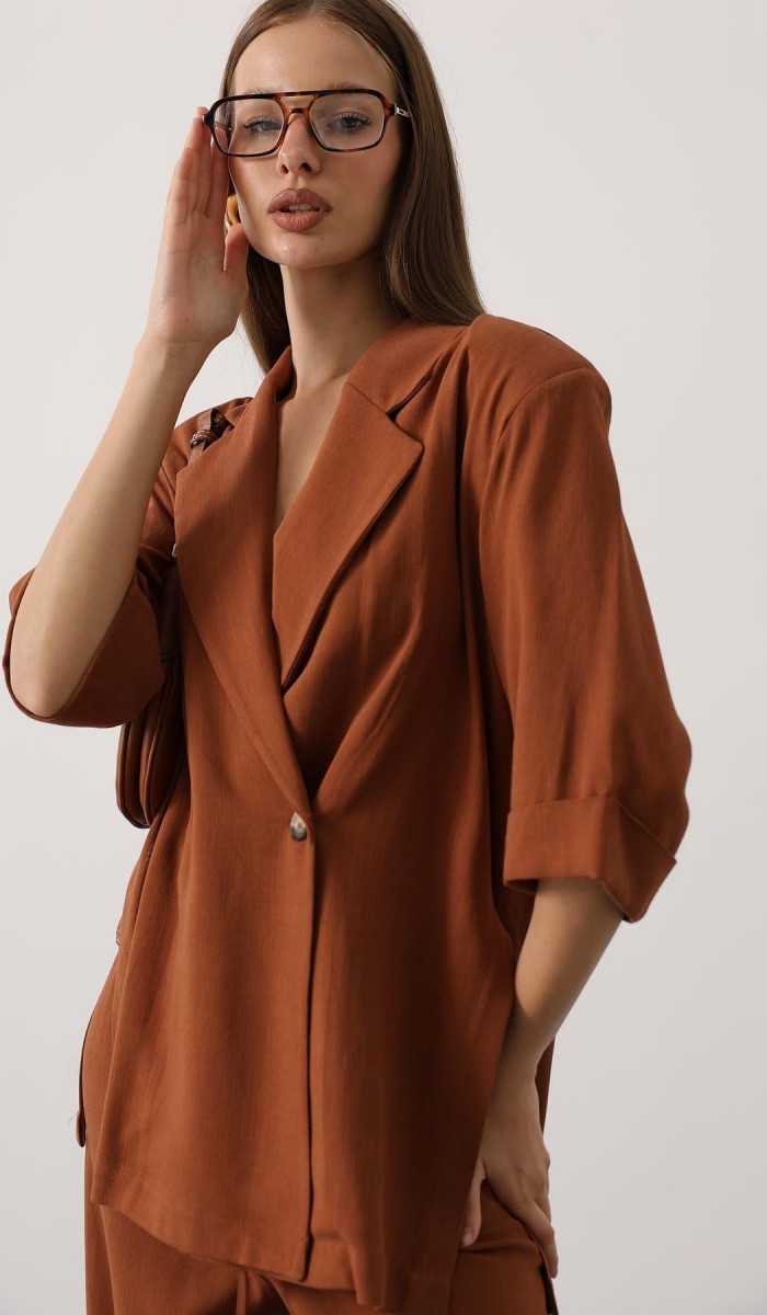 Yarım Kol Oversize Yırtmaçlı Ceket - Kahve STD