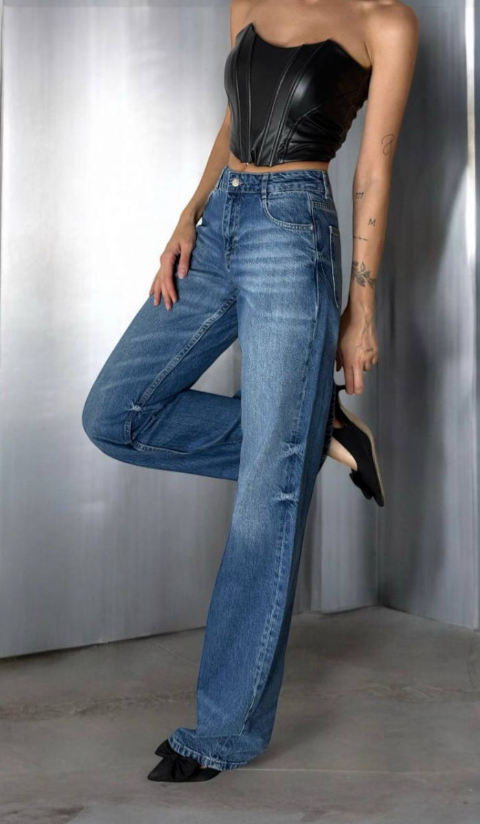 Yüksek Bel Baggy Flare Blue Jean Pantolon