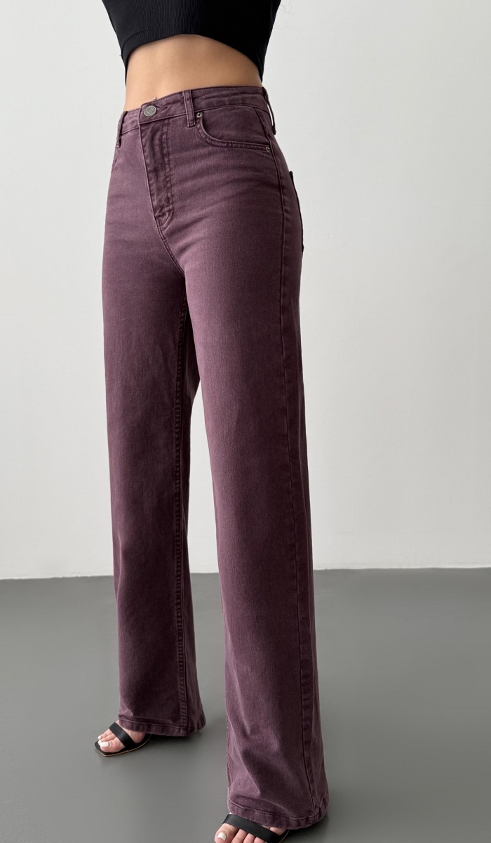 Kadın Yüksek Bel Bol Kesim Bordo Jean Pantolon