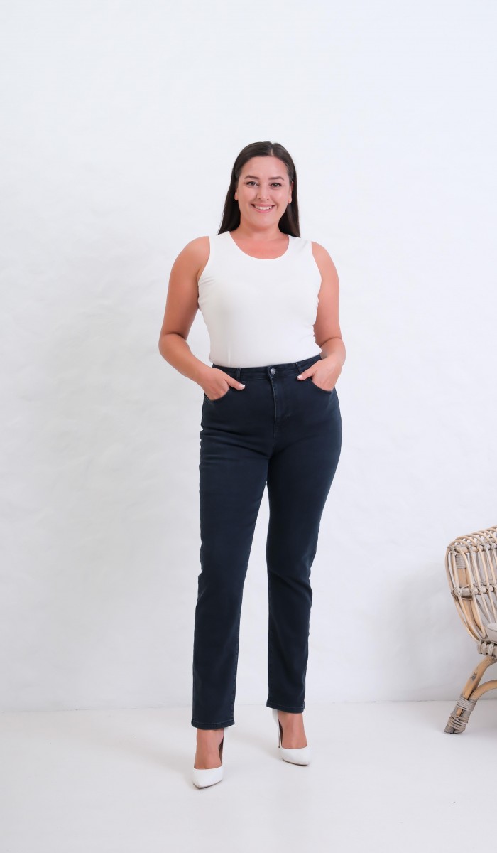 Yüksek Bel Battal Kesim Boru Paça Blue Black Jean Pantolon Yüksek Bel Battal Kesim Boru Paça Blue Black Jean Pantolon