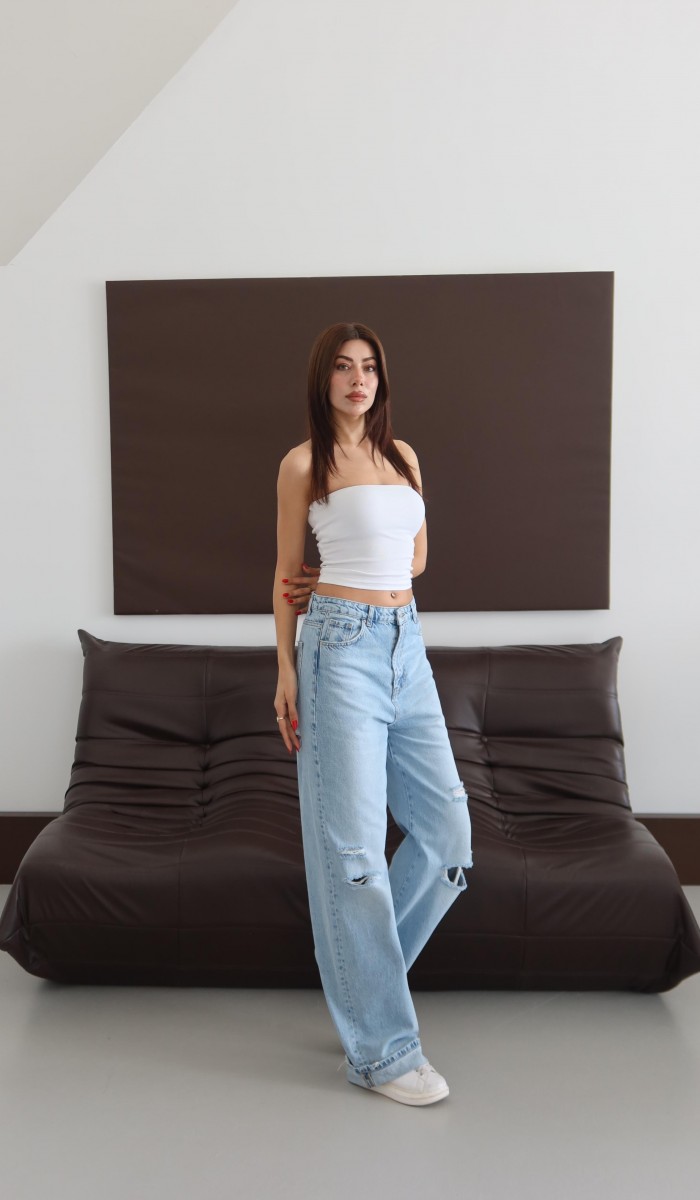 Normal Bel Baggy Foldup Kalıp Paça Katlama Detaylı Light Blue Lazerli Jean Pantolon