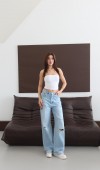 Normal Bel Baggy Foldup Kalıp Paça Katlama Detaylı Light Blue Lazerli Jean Pantolon