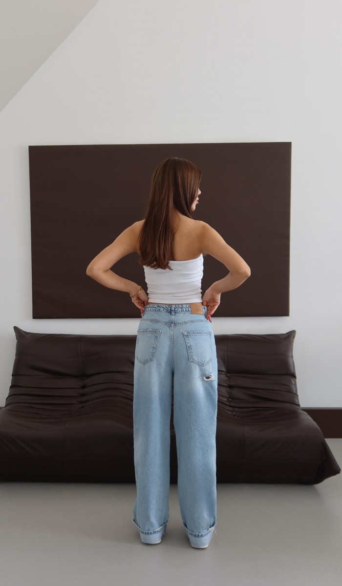 Normal Bel Baggy Foldup Kalıp Paça Katlama Detaylı Light Blue Lazerli Jean Pantolon